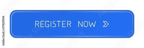 Modern blue rounded CTA button with shine, "Register now" text, arrow icon, web UI element for landing pages, mobile apps or banners.