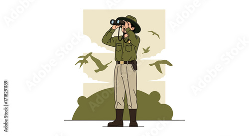 Observant Observer: A Birdwatcher Gazing Upon Flying Birds In A Natural Environment