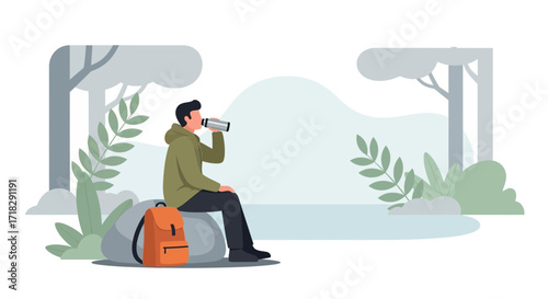 Young Person Taking A Drink While Resting In The Serene Wilderness Environment