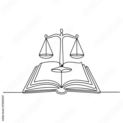 Scales of justice on law book vector – legal balance and fairness concept continuous line drawing art