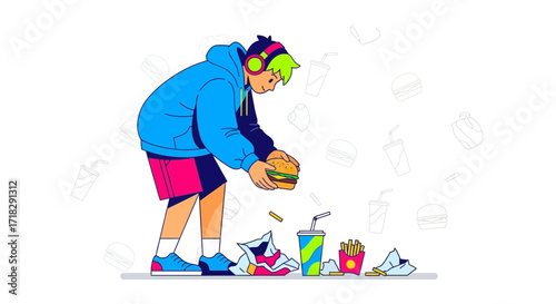 Young Person With Headphones Consuming Fast Food in a Casual Illustrated Scene
