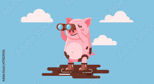 Observant Pig With Binoculars Under a Blue Sky Watching Nature With Interest
