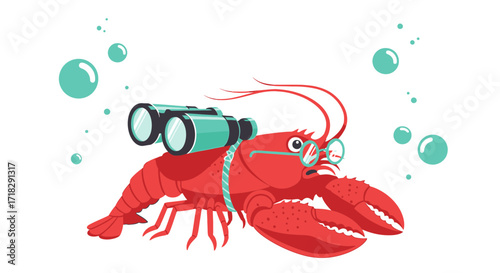 Observant Sea Creature: A Curious Lobster With Binoculars, Glimpsing The Depths