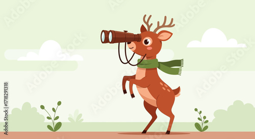 Observant Reindeer Gazing Through a Telescope in a Lush Green and Natural Background