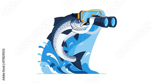 Observant Salmon Observing With Binoculars In The Water Creative Cartoon Illustration