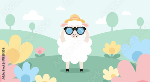 Observant Sheep In A Sunny Meadow, Wearing Sunglasses And A Stylish Hat