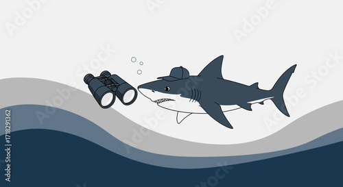 Observant Shark Inspecting Through Binoculars on a Creative Underwater Background