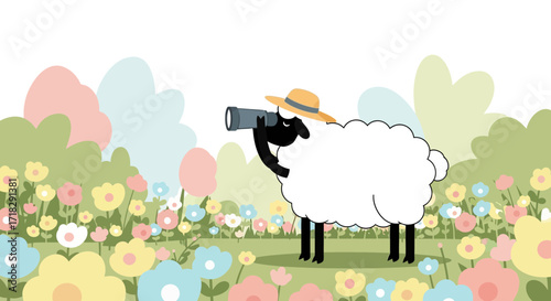 Observant Sheep Wearing Sun Hat Gazing Through Telescope In Dreamlike Floral Meadow