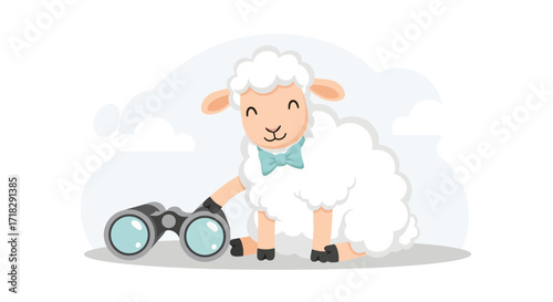 Observant Sheep With Binoculars Ready For An Adventure And To See What's Around The World