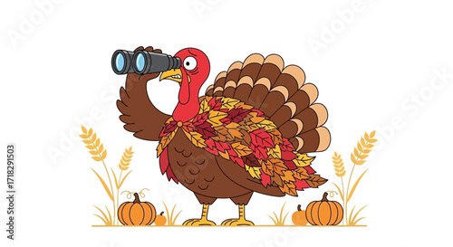 Observant Thanksgiving Turkey With Binoculars Hunting for Fall Festivities and Fare
