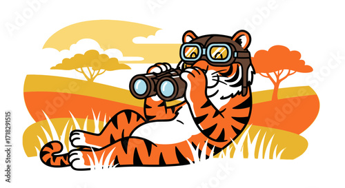 Observant Tiger Wearing Goggles Utilizing Binoculars Amidst African Savannah Scenery