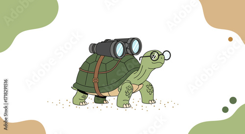 Observant Tortoise: A Cartoon Character With Binoculars, Ready To Explore The Unknown