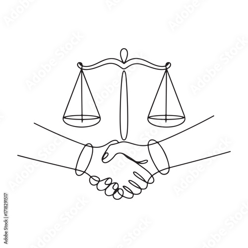 Minimalist line vector of handshake under balanced justice scales, fairness and agreement art