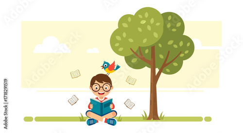 Young Reader Enjoying Book Under A Tree, Embracing Stories and Nature's Splendor