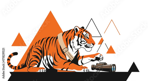 Observant Tiger Observing Through Binoculars Against Geometric Triangular Shapes