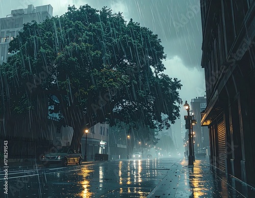 Rainy city street at night