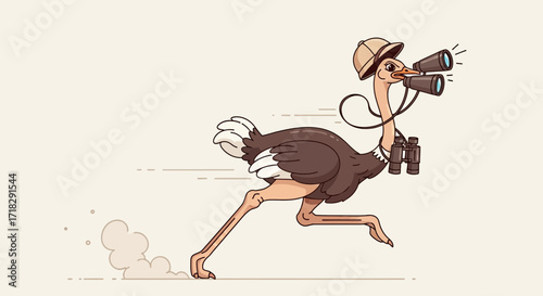 Observant Traveler Ostrich Running With Binoculars, Seeking Adventure And Discovery Unveiled