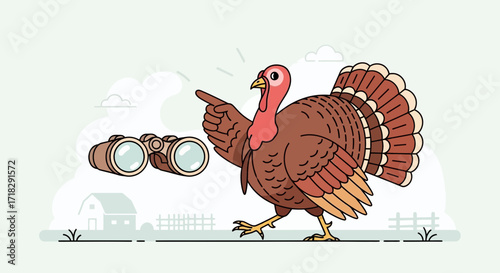 Observant Turkey Uses Binoculars To Point At Something Ahead On A Sunny Day