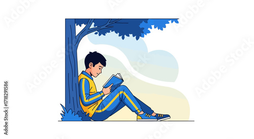 Young Reader Enjoying Serenity Under the Shade of a Tree, Focused on Book Contents