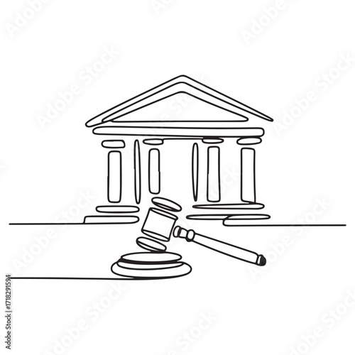 Continuous line courthouse with gavel symbolizing law, trial, judgment and justice illustration