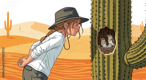 Observant Young Explorer Discovering A Bird's Nest Amidst Desert Flora Illustration