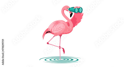 Observation Is Key, Flamingo Uses Binoculars to Survey Surroundings in A Simple Illustration