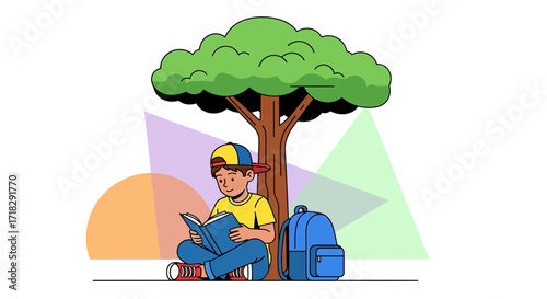 Young Reader Under Tree Finding Peace and Tranquility in Nature, Ideal for Education and Leisure