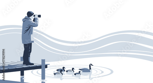 Observer Capturing Wildlife Moments: A Man Gazing Geese on a Tranquil Lake