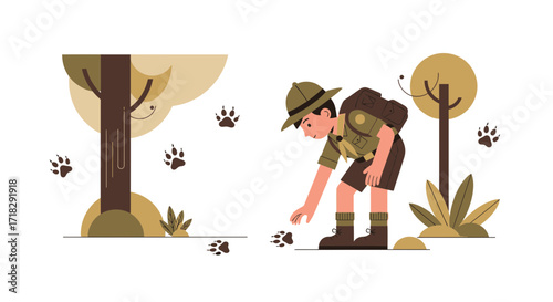 Young Scout Discovering Paw Prints in a Forest Environment and Its Mystery