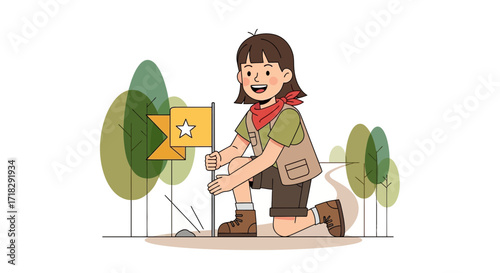 Young Scout Proudly Planting Flag on a Trek Path with Trees and Nature Setting