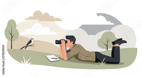Observer Enjoys Peaceful Birdwatching Activity In Natural Setting, Illustrated