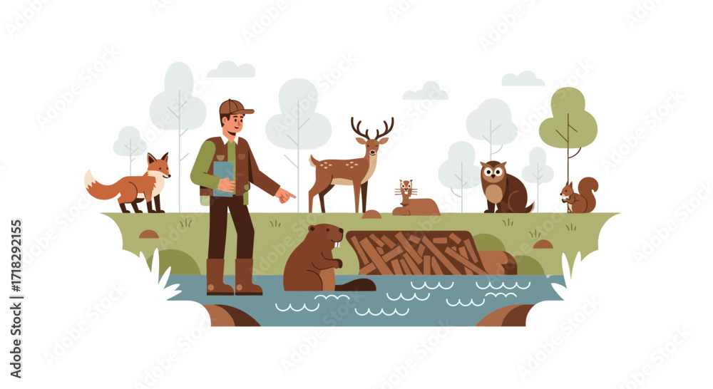 Fototapeta premium Observer Guiding Tour Through Enriched Woodlands Ecosystem With Various Animals Present
