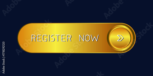 Modern golden rounded CTA button with shine, "Register now" text, arrow icon, 3D effect, web UI element for landing pages, mobile apps or banners.