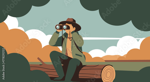 Observer Gazing Through Binoculars, Nature Scene, Searching for Wildlife, Flat Illustration