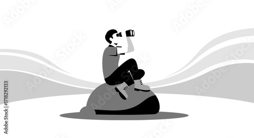 Observer Gazing Through Binoculars, Perched Atop Stone, Finding New Perspective