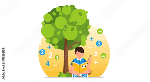 Young Student Learning Mathematics Under a Tree, Studying Educational Concept Illustration