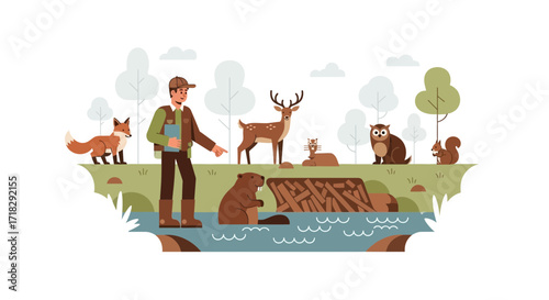 Observer Guiding Tour Through Enriched Woodlands Ecosystem With Various Animals Present