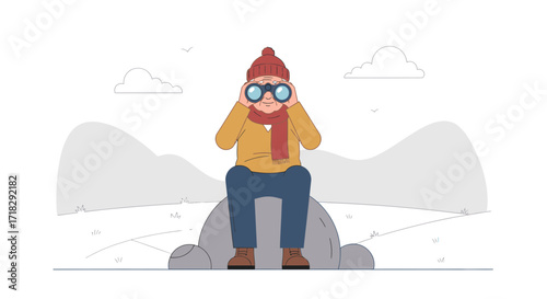 Observer In A Winter Landscape Uses Binoculars To Observe and Admire the Distant Scenery
