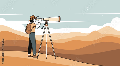 Observer In Hat With Backpack Looks Through Telescope In A Scenic Landscape