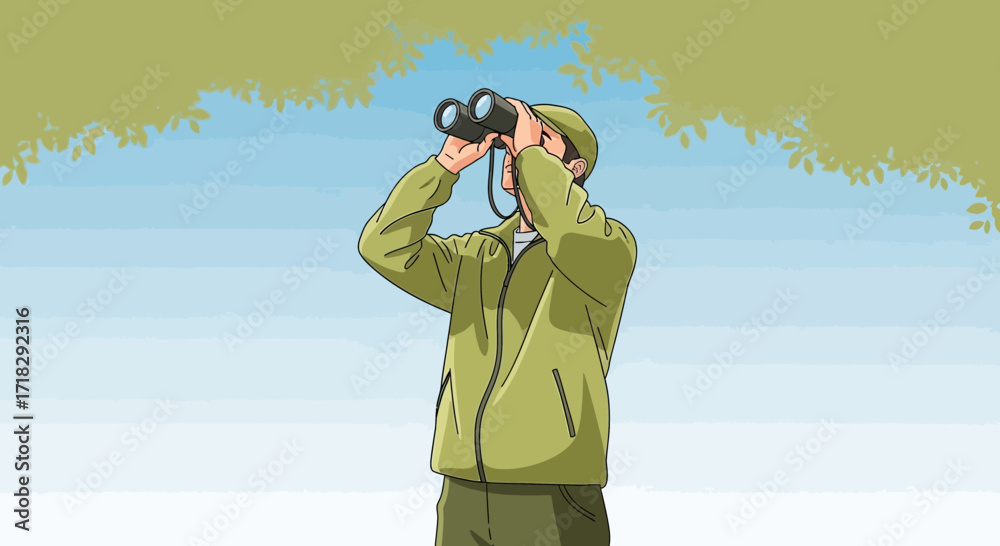 Fototapeta premium Observer Using Binoculars To Discover Hidden Wonders In A Natural Setting
