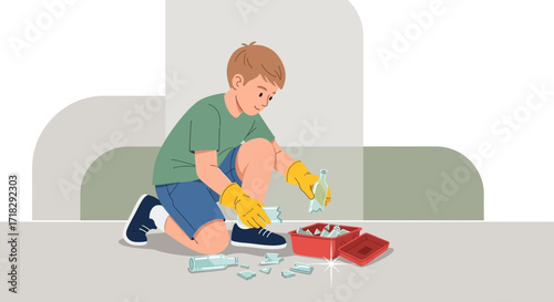 Young Volunteer Gently Recycling Broken Glass Pieces to Maintain Urban Cleanliness