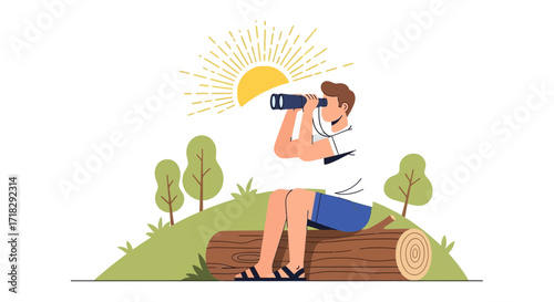 Observer Using Binoculars on A Sunny Hillside, Exploring Nature's Landscape