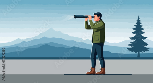 Observer Using Telescope, Mountains Landscape And Greenery Environment, Adventure, Exploration,