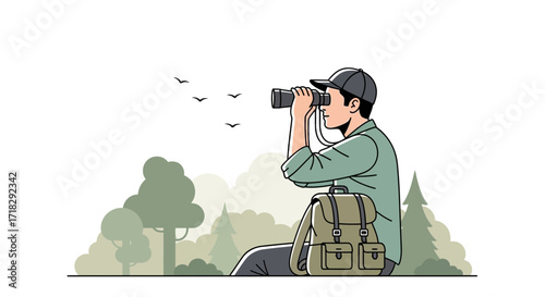Observer Using Binoculars Watching Bird Migration In The Forest During The Day