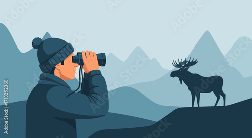 Observer Watching Moose In Wilderness With Binoculars Against A Mountainous Backdrop