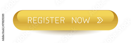 Modern golden rounded CTA button with shine, "Register now" text, arrow icon, 3D effect, web UI element for landing pages, mobile apps or banners.