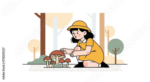 Young Woman Discovering Mushrooms In a Forest, Illustration of Nature and Discovery
