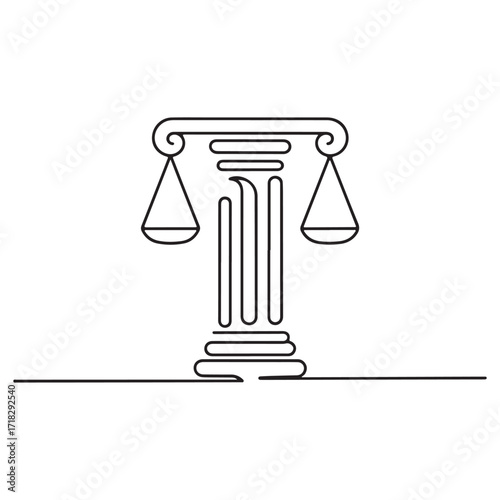 Continuous line vector of scales of justice balanced on classical pillar, law and legal art