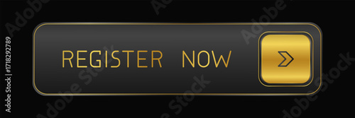 Modern golden and black rounded CTA button with shine, "Register now" text, arrow icon, 3D effect, web UI element for landing pages, mobile apps or banners.