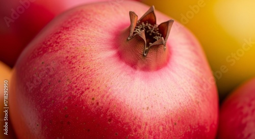 Ripe pomegranate fruit close up shot healthy food photography vibrant color background